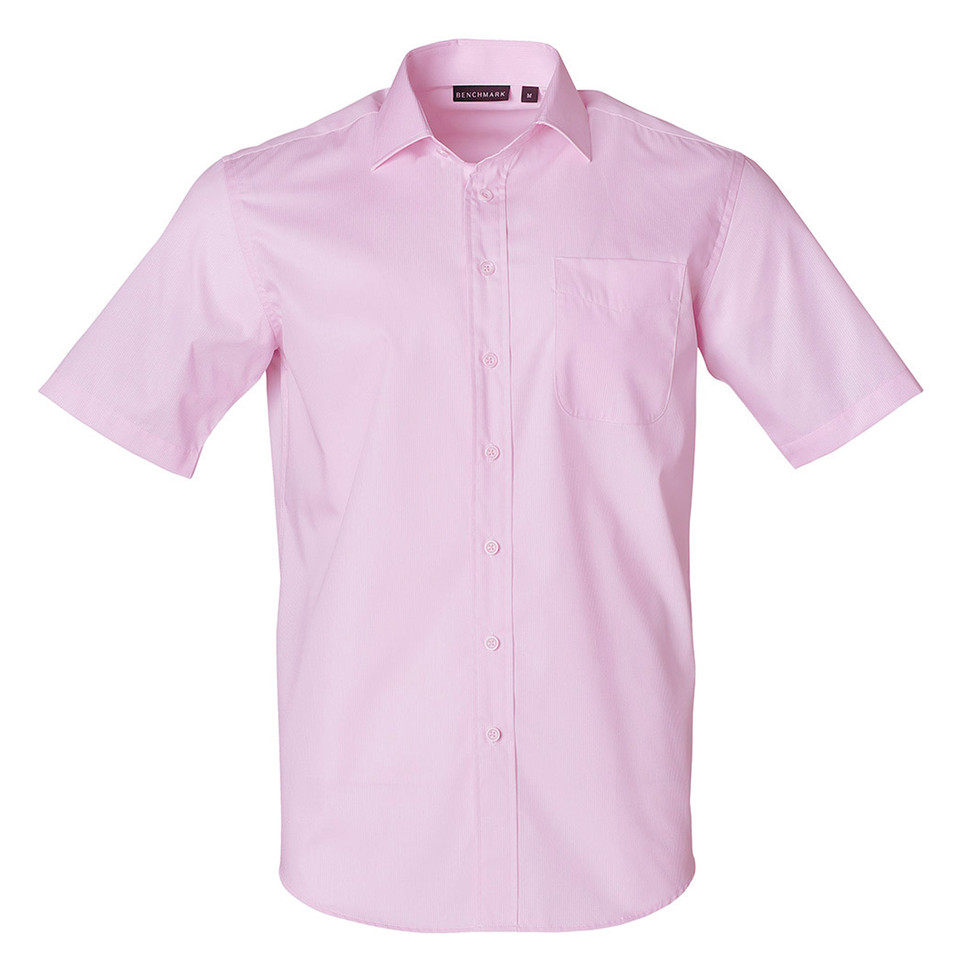 Light pink short sleeve business shirt with chest pocket and self-stripe dobby texture