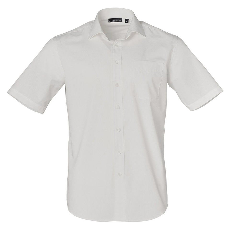 White short sleeve business shirt with self-stripe dobby texture and button-down front