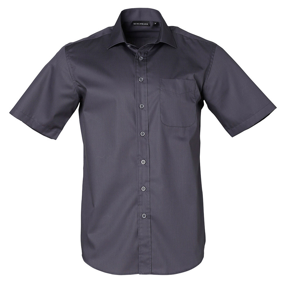 Charcoal grey short sleeve business shirt with self-stripe texture, chest pocket and button-through front