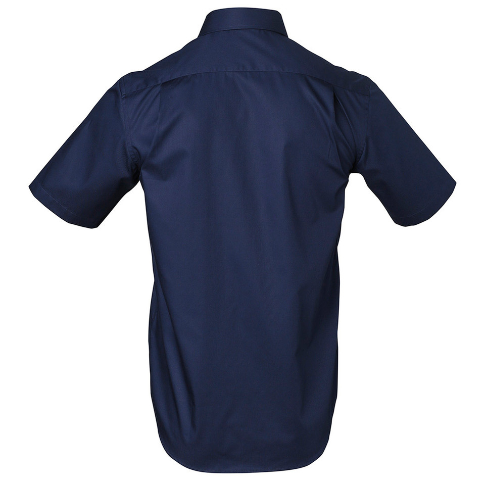 Navy short sleeve business shirt with self-stripe dobby texture, back view showing smooth flat panel ideal for decoration