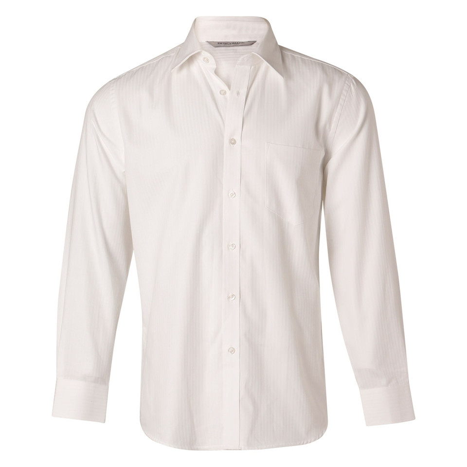 White long sleeve business shirt with mini herringbone texture and chest pocket