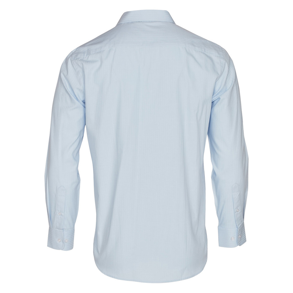 Back view of pale blue mini herringbone long sleeve shirt with collar and button cuffs