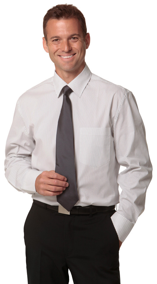 Grey and white vertical ticking stripe long sleeve business shirt with collar and button front