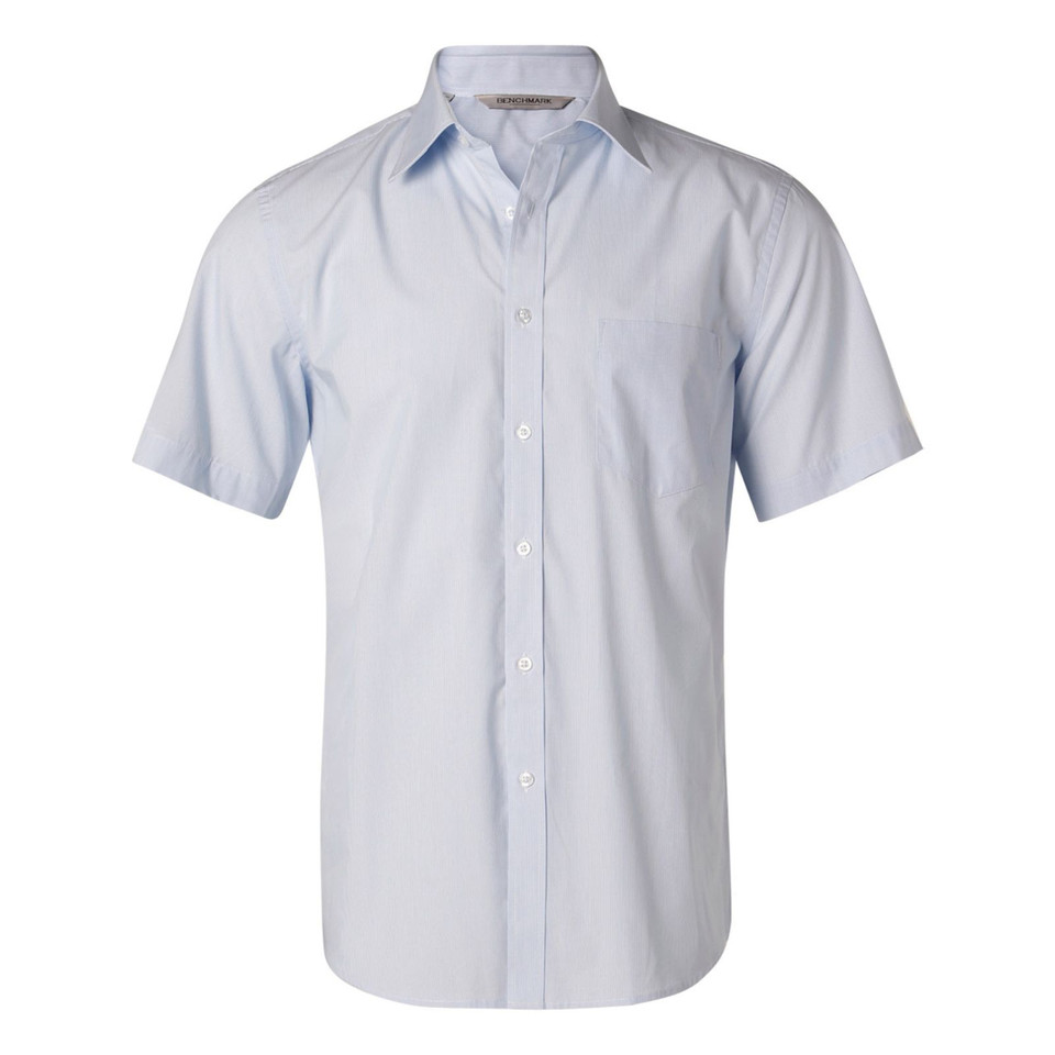 Men's pale blue fine stripe short sleeve shirt with point collar, button placket and chest pocket