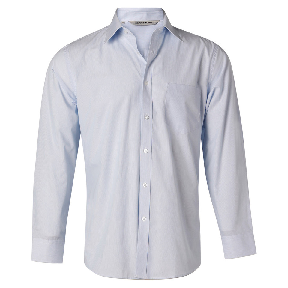 Pale blue fine stripe men's long sleeve dress shirt with point collar, button placket and chest pocket