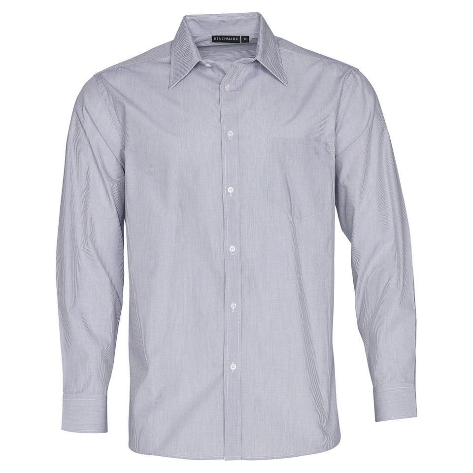 Light grey fine stripe long sleeve business shirt with white buttons and classic collar