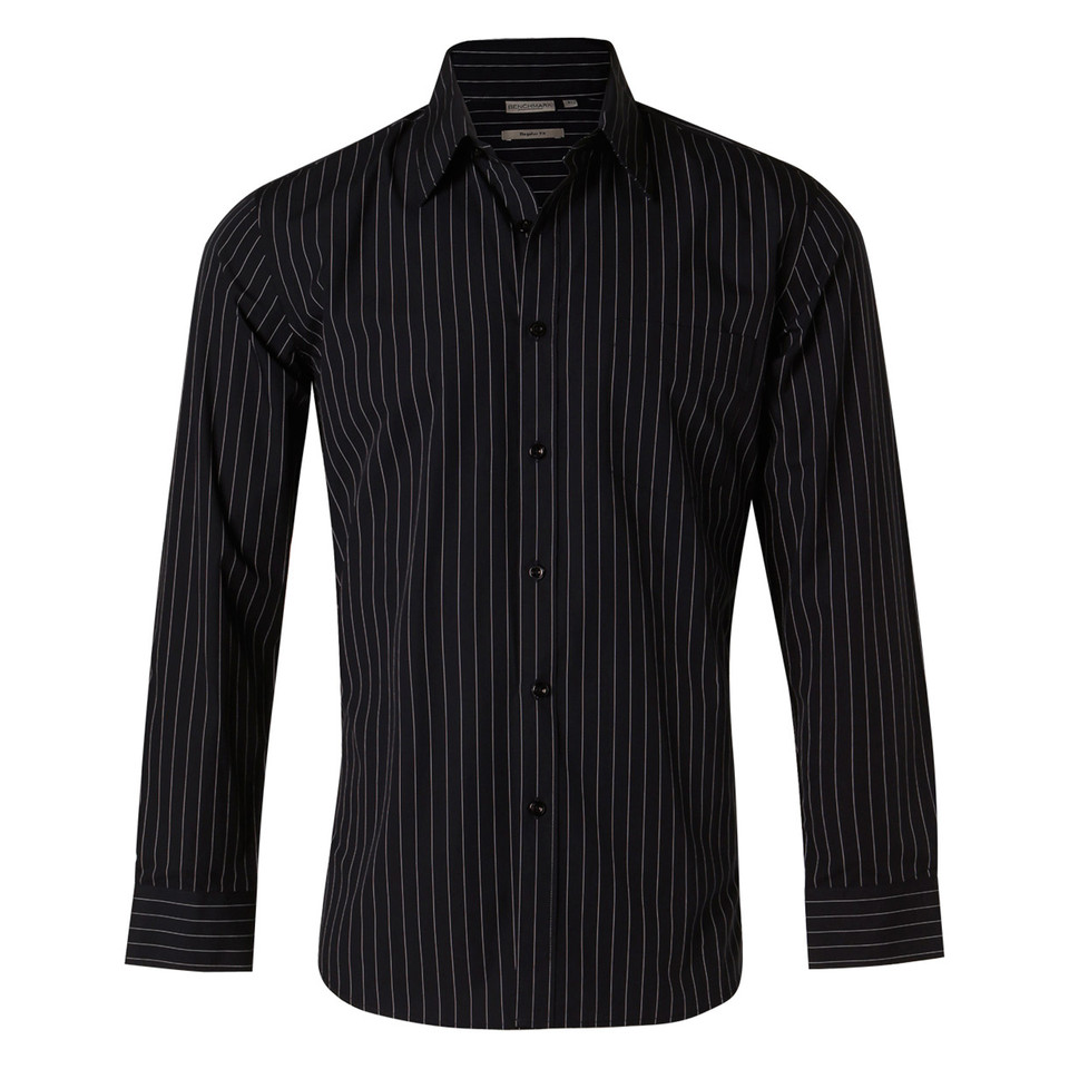 Men's black pinstripe long sleeve shirt with classic collar, button placket, and matching striped cuffs