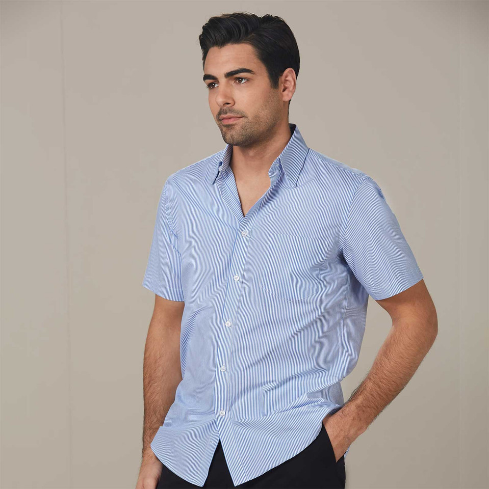 Light blue striped short sleeve business shirt with chest pocket and button-down collar