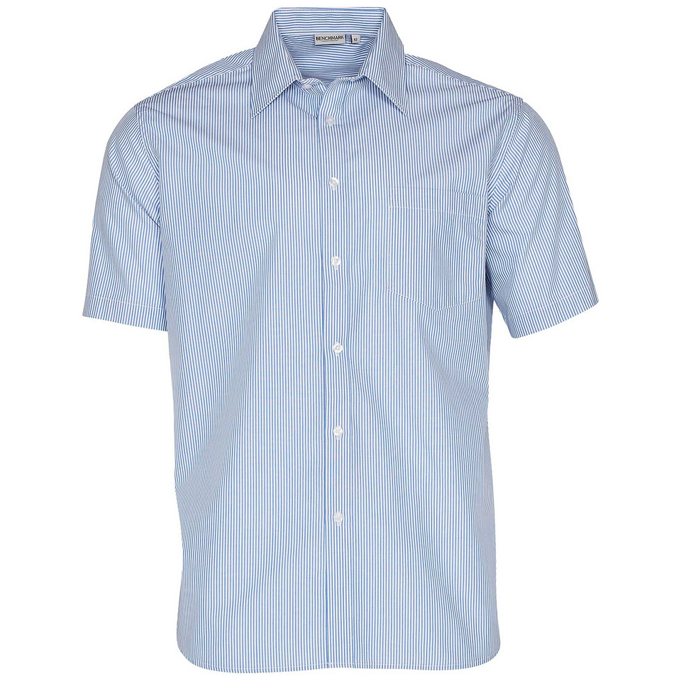 Men's pale blue stripe short sleeve shirt with button front, point collar, and left chest pocket