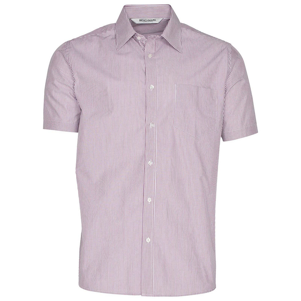 Men's short sleeve button-up shirt in red and white fine stripe with chest pocket and point collar
