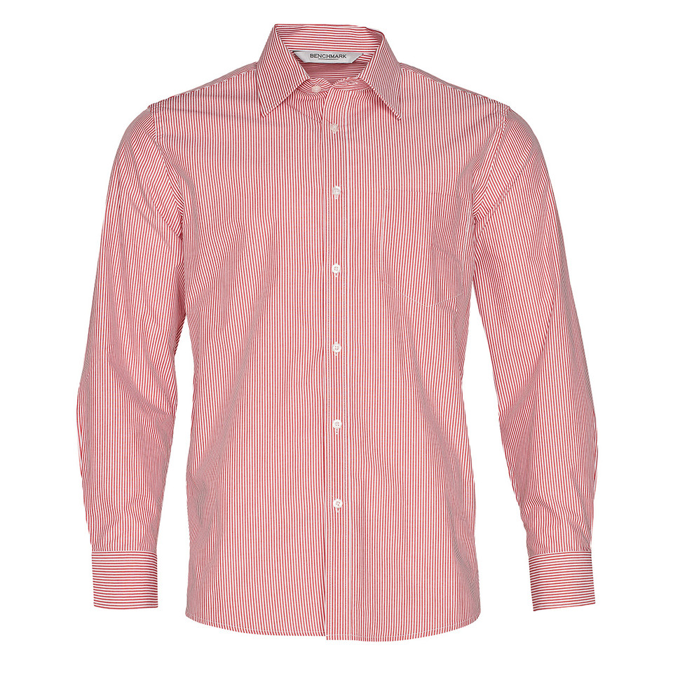 Men's long sleeve striped shirt in red and white with chest pocket, button front and classic collar