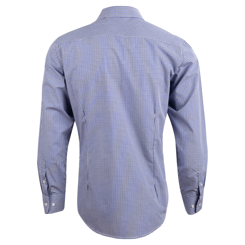 Back view of blue and white micro-check long sleeve shirt with button-down collar and chest yoke detail