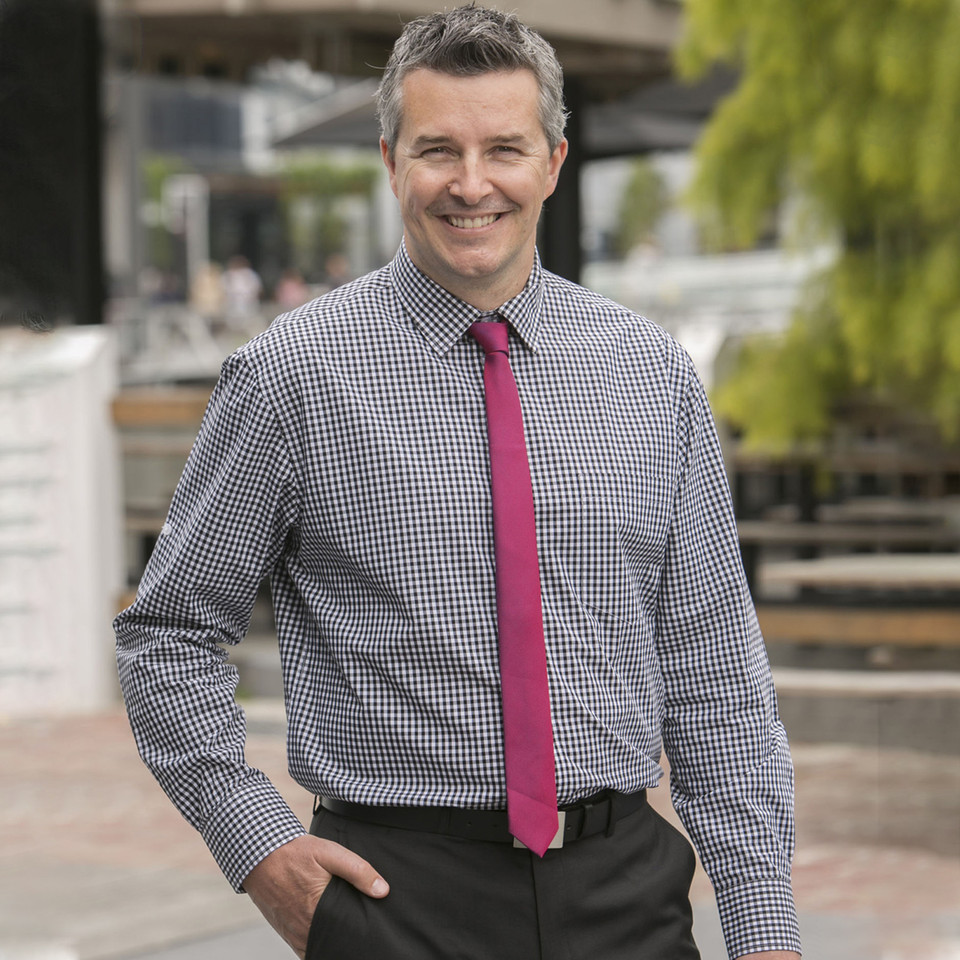 Navy and white gingham check long sleeve business shirt with contrast collar and cuffs worn with burgundy tie