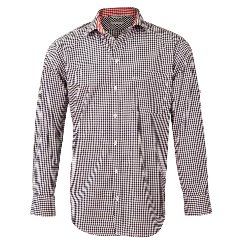Navy and white gingham check long sleeve shirt with burgundy contrast collar and cuff detail