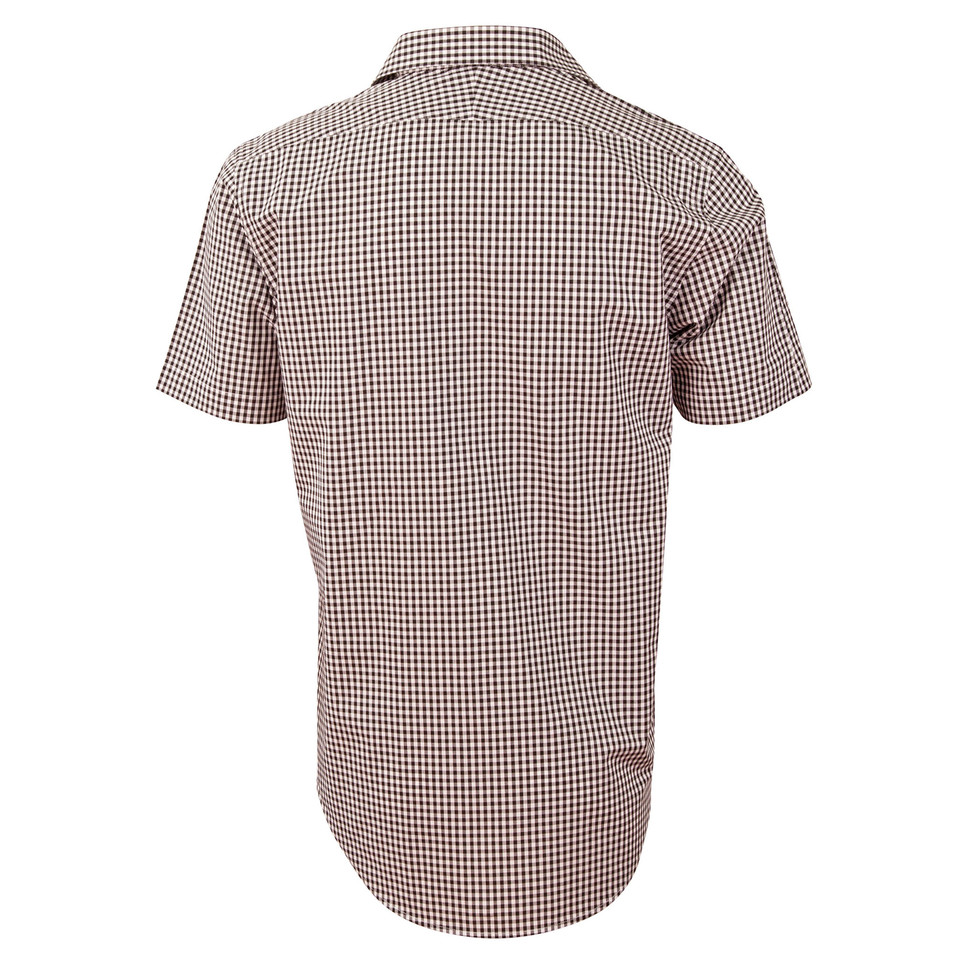 Back view of burgundy and white gingham check short sleeve shirt with contrast collar and cuffs