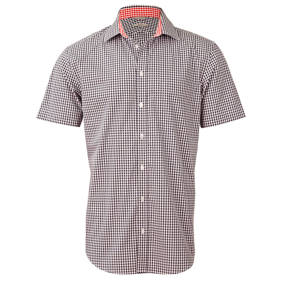 Brown gingham check shirt with short sleeves, contrast red gingham collar and cuff detail, button-front closure