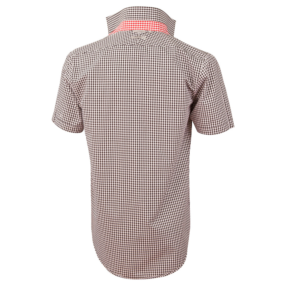 Back view of brown and white gingham check short sleeve shirt with contrast red trim at collar and cuffs