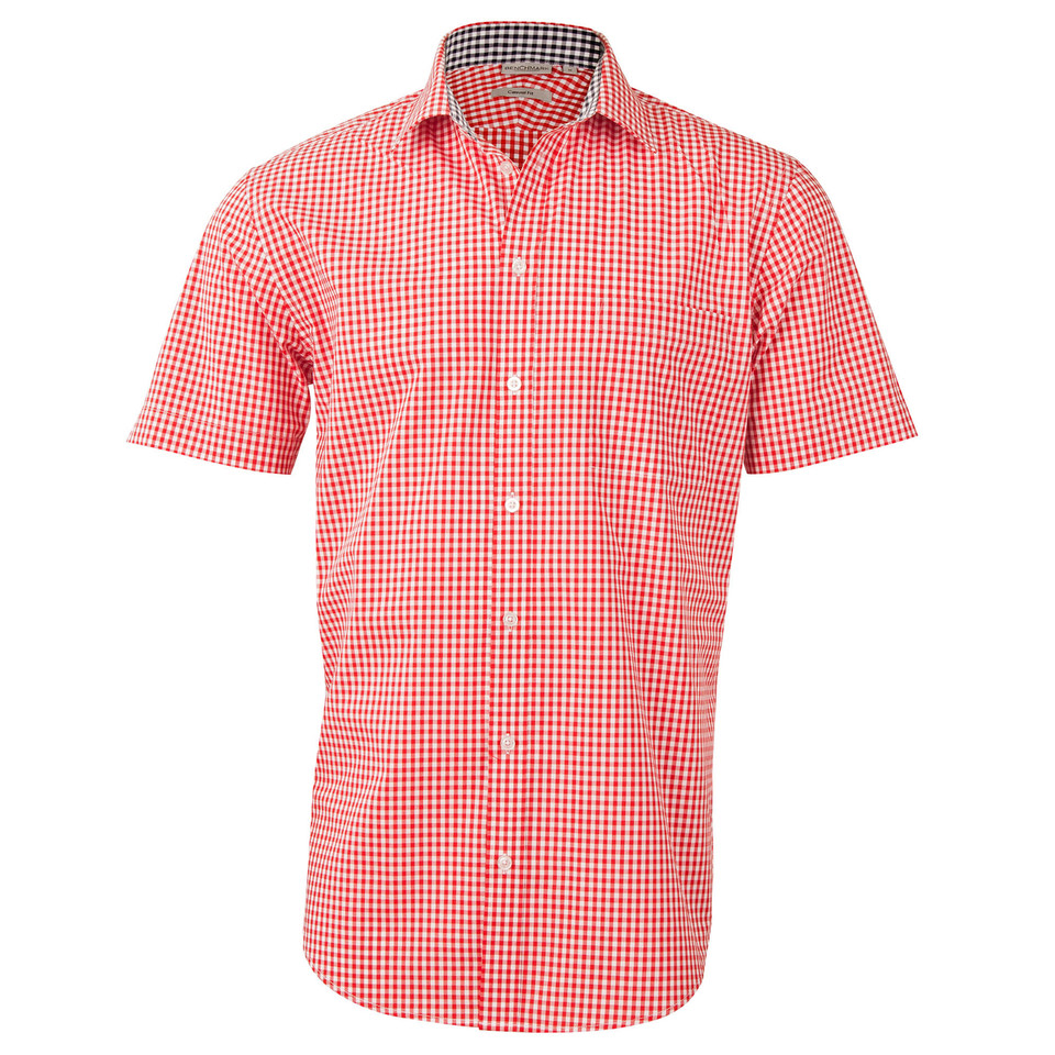 Red and white gingham check short sleeve shirt with contrast collar and cuffs