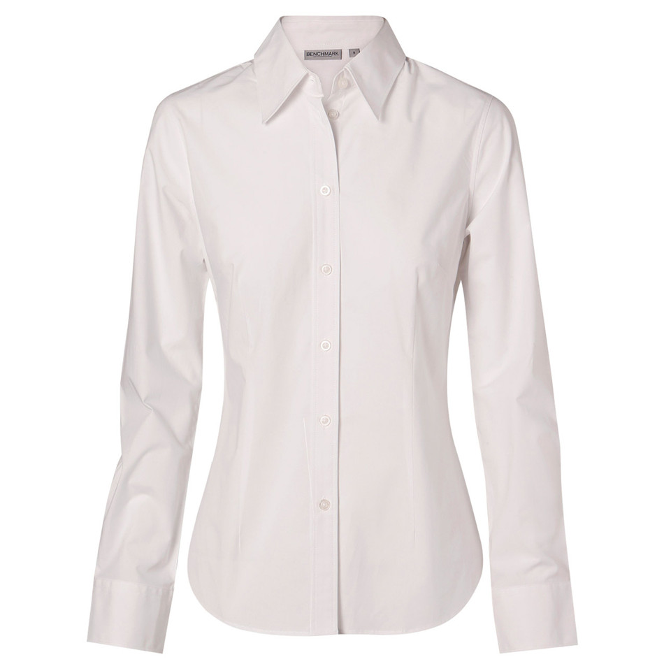 White tailored fit shirt with classic collar and long sleeves featuring princess seam detailing