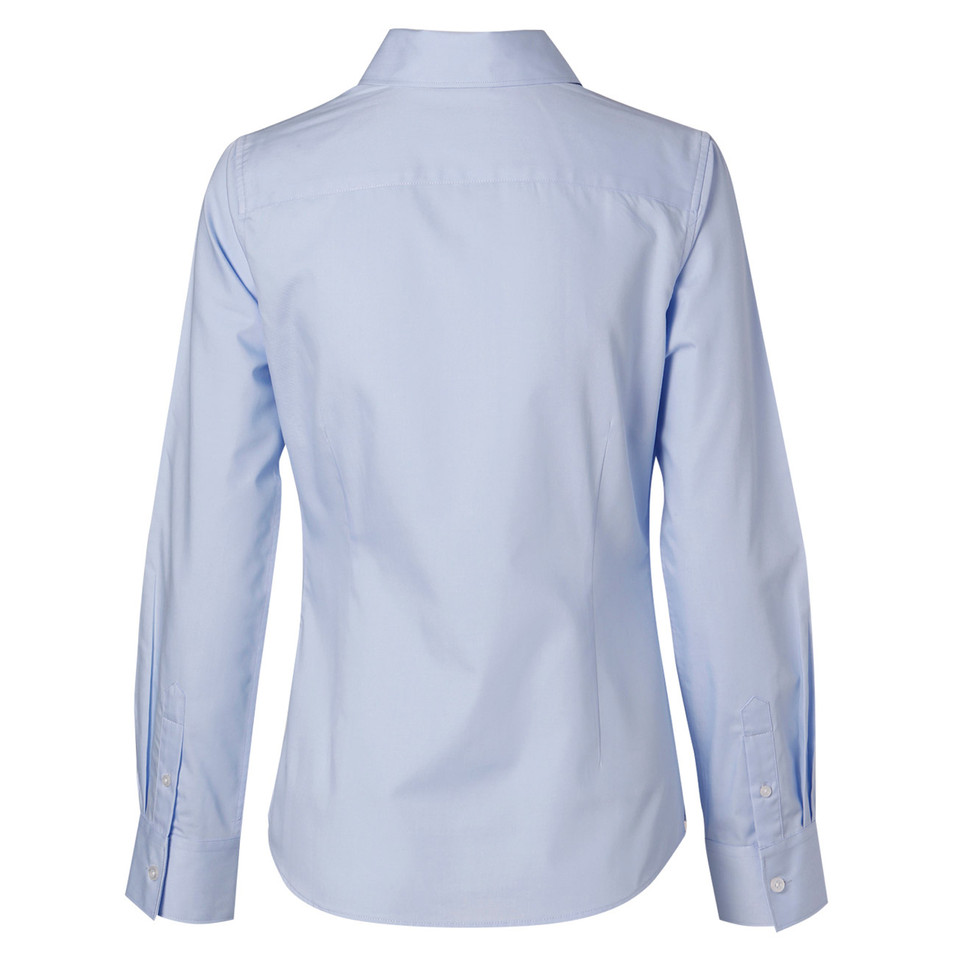 Sky blue long sleeve tailored fit shirt with collar and buttoned cuffs, rear view showing smooth back panel