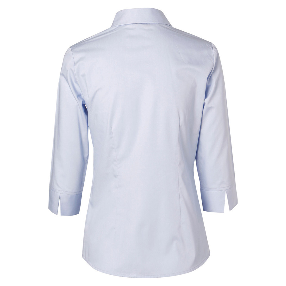 Light blue tailored fit women's shirt with three-quarter sleeves and collar, rear view showing smooth back panel