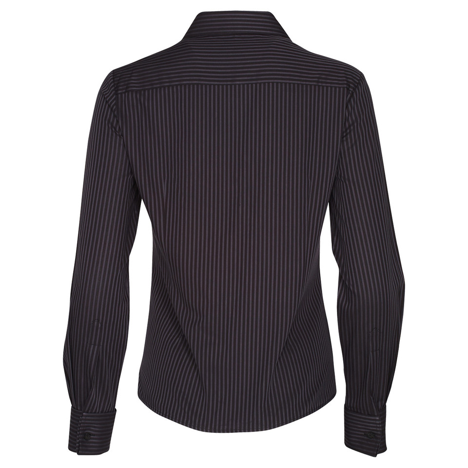 Black business shirt with charcoal pinstripes, back view showing classic collar and long sleeves with button cuffs