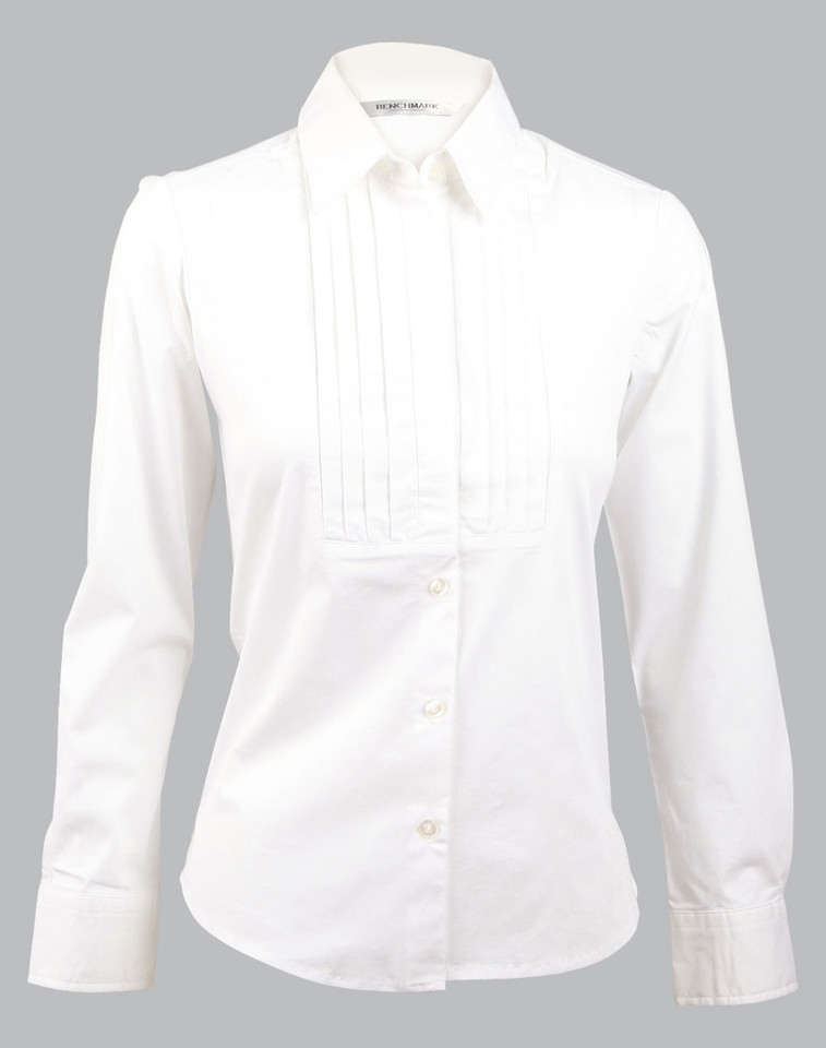 White ladies' dress shirt with pleated tuck front panel and long sleeves