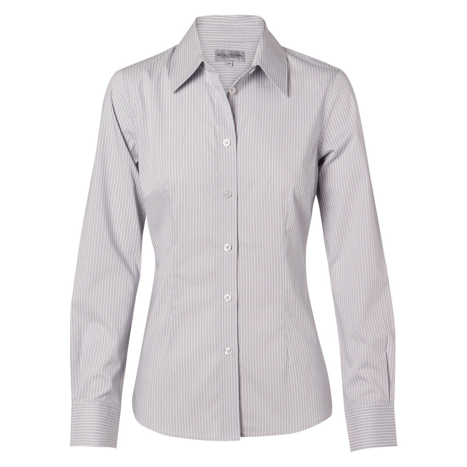 Grey and white vertical ticking stripe women's business shirt with collar and long sleeves