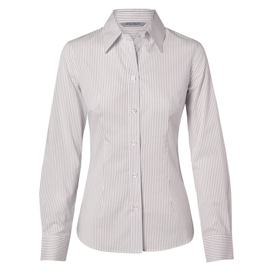 Ladies long sleeve business shirt in grey and white ticking stripe with classic collar and button front