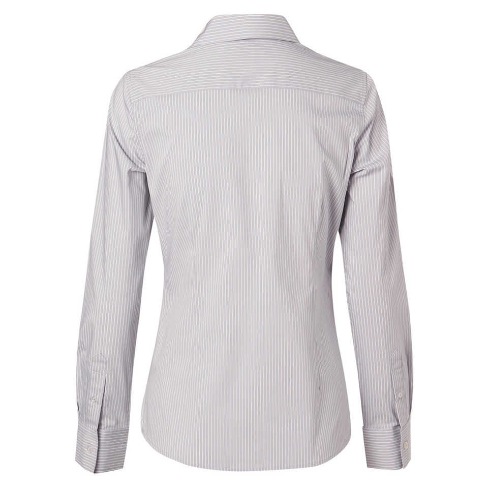 Grey and white ticking stripe ladies business shirt with long sleeves, back view showing collar and yoke detail