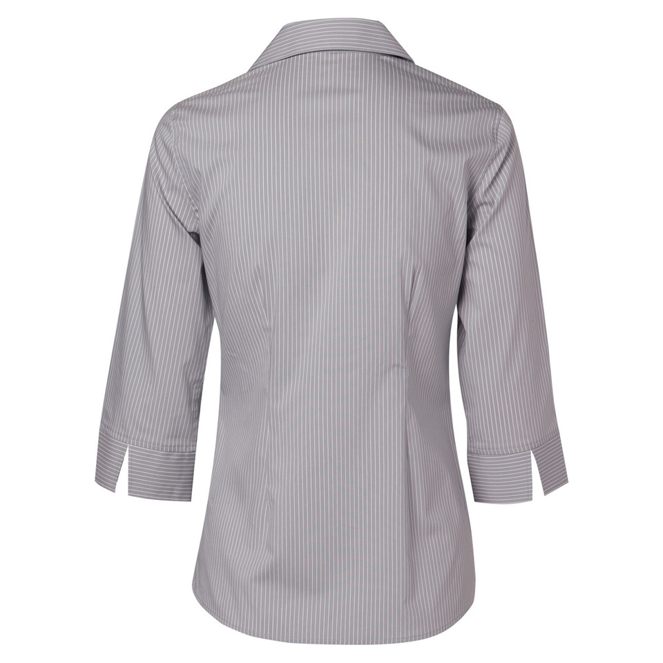 Ladies shirt in grey and white ticking stripe with three-quarter sleeves and collar, rear view