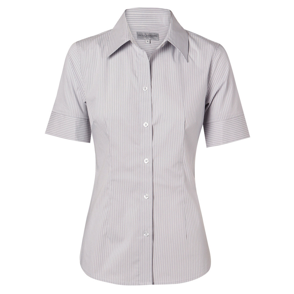 Women's short sleeve business shirt in grey and white fine vertical stripe with button-front placket and collar