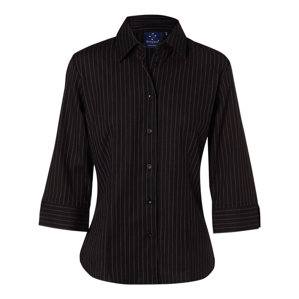 Black ladies shirt with white pinstripes, three-quarter sleeves, and front button placket