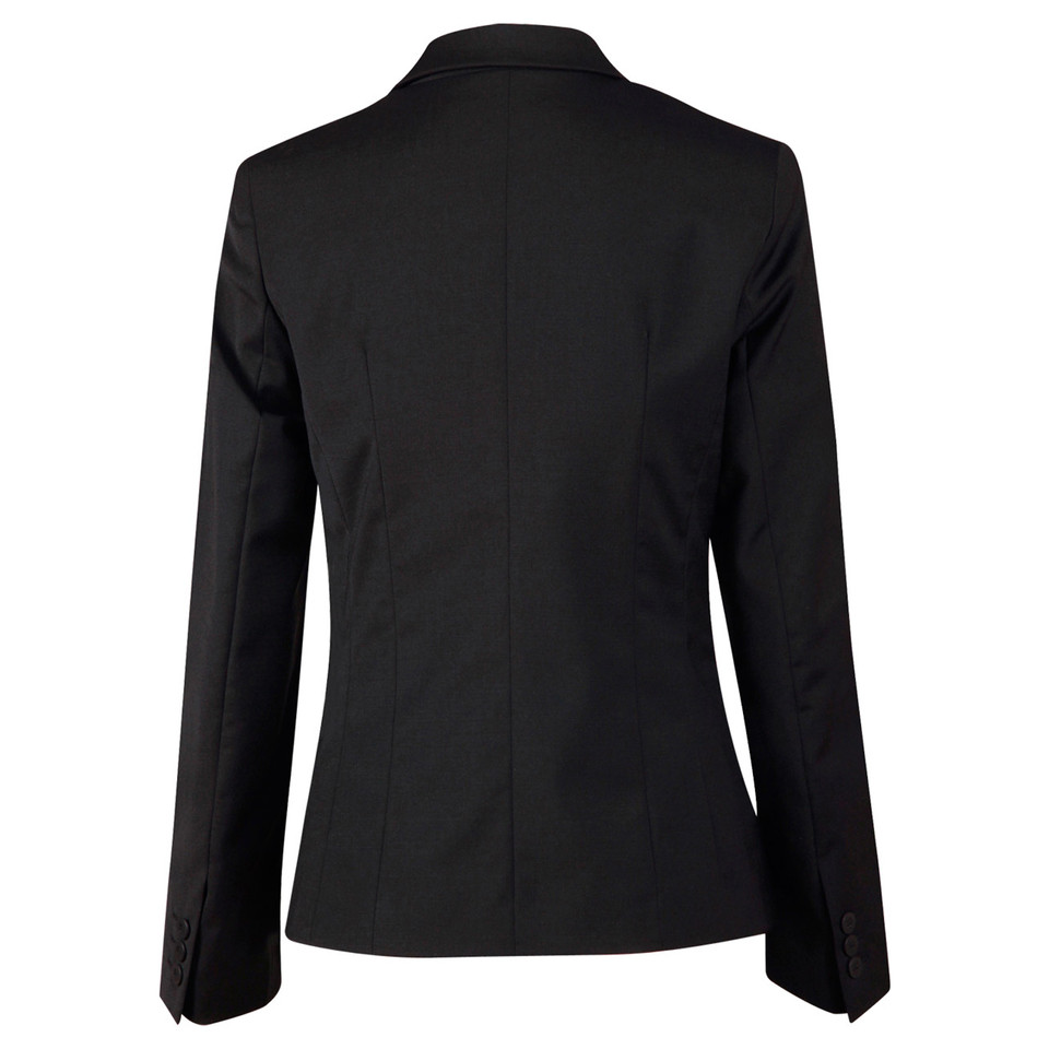 Black wool blend cropped jacket with collar and long sleeves, rear view showing tailored seams and structured fit
