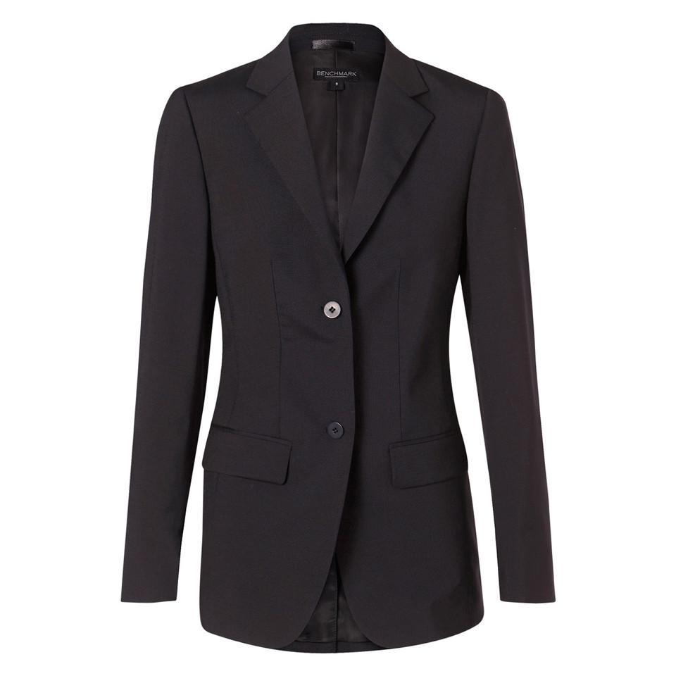 Charcoal grey wool blend blazer with notch lapels, two-button closure and patch pockets
