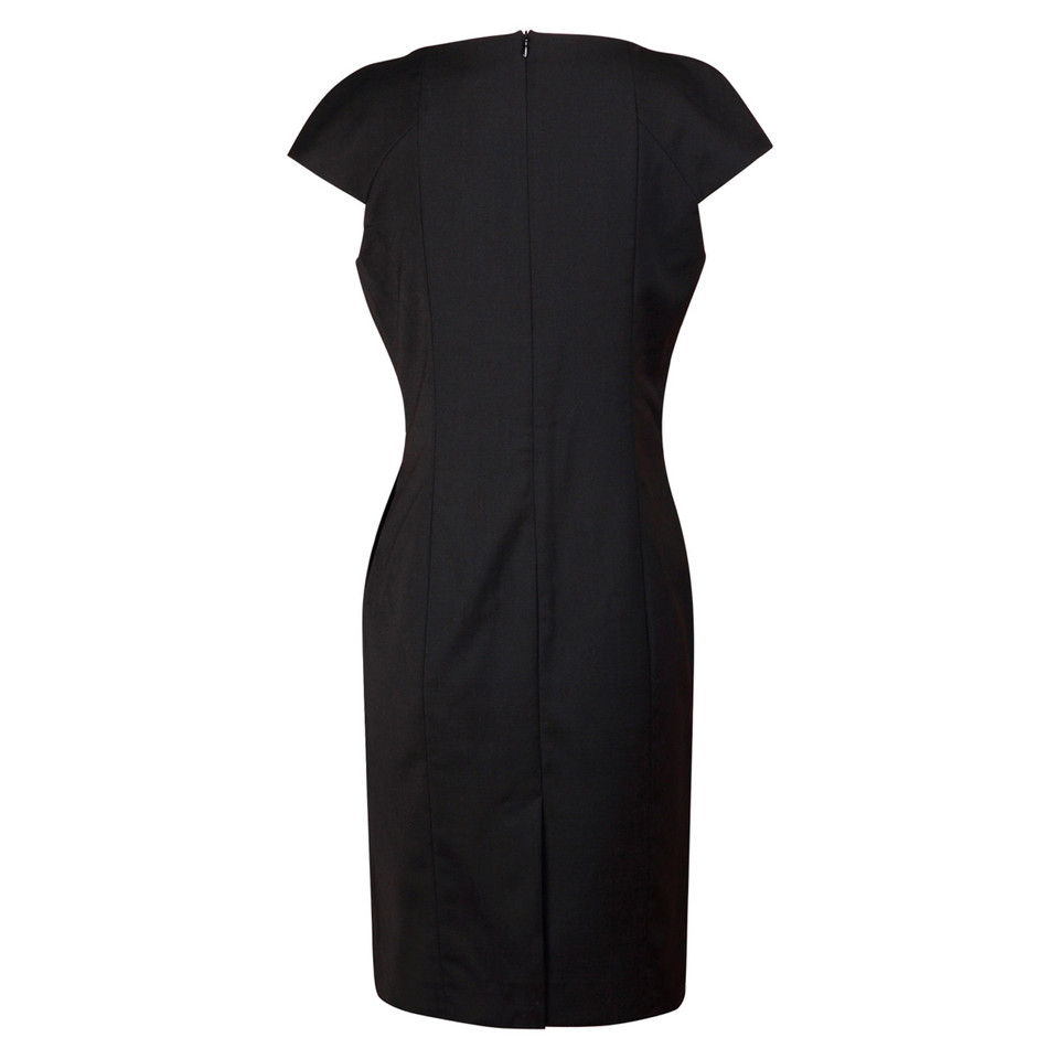 Black women's cap sleeve dress in wool blend stretch fabric with fitted silhouette and centre back seam detail
