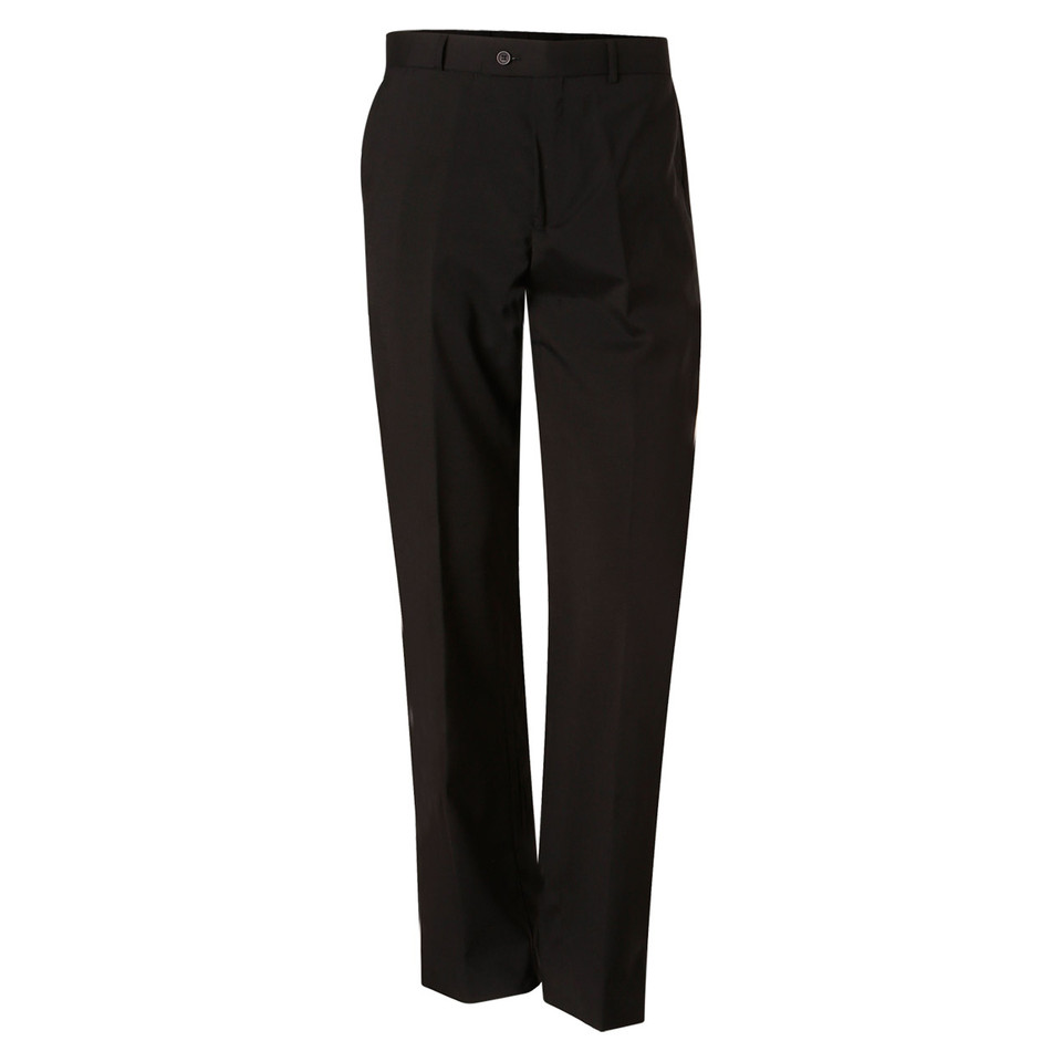 Black wool blend corporate trousers with front pleats and pressed crease detail