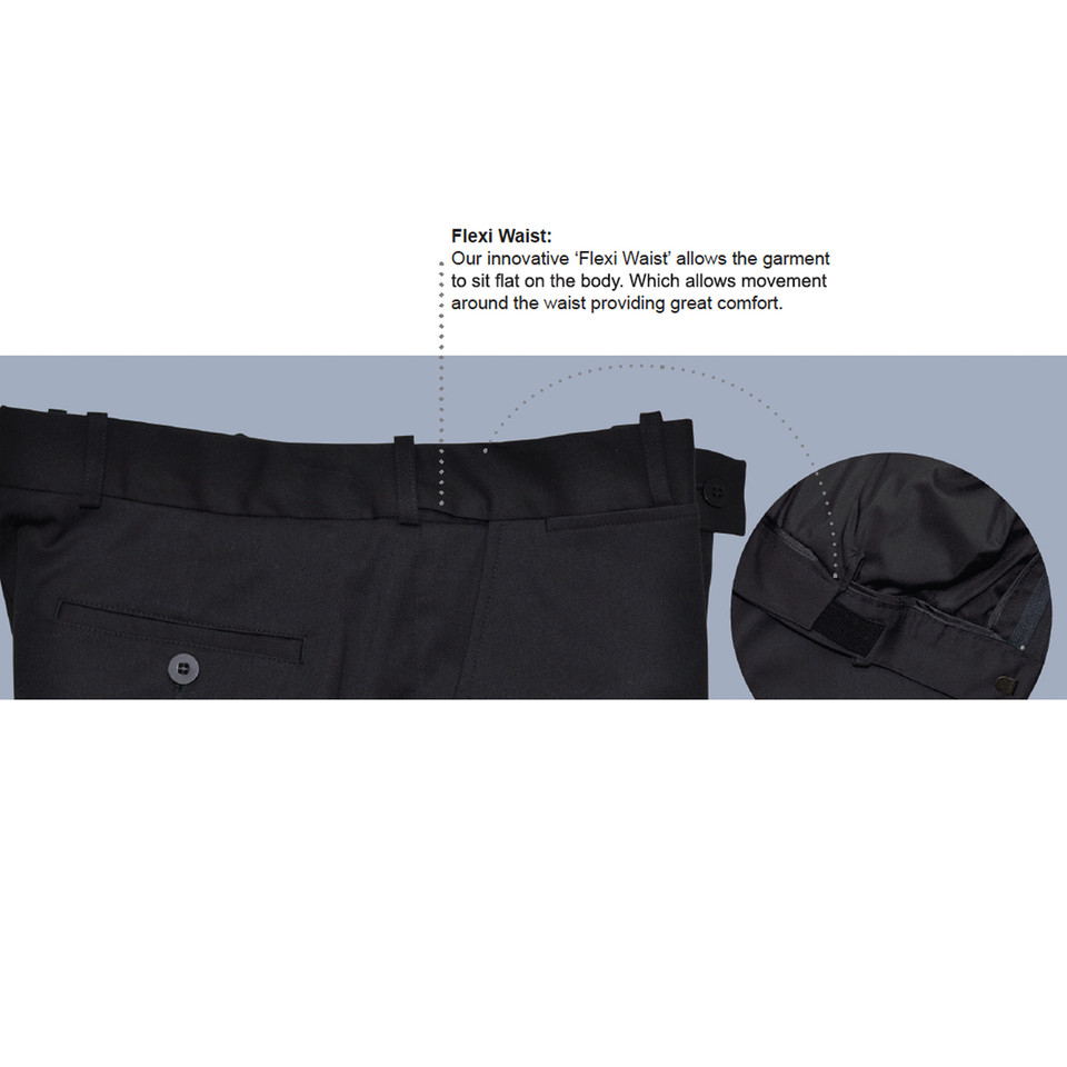 Black wool blend pants featuring Flexi Waist with adjustable inner elastic and belt loops