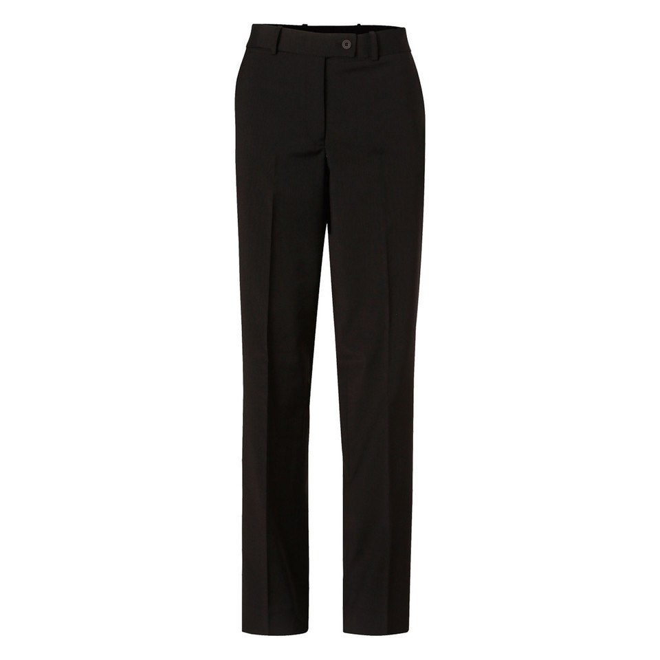 Black wool blend slim leg pants with pressed centre crease and front button closure