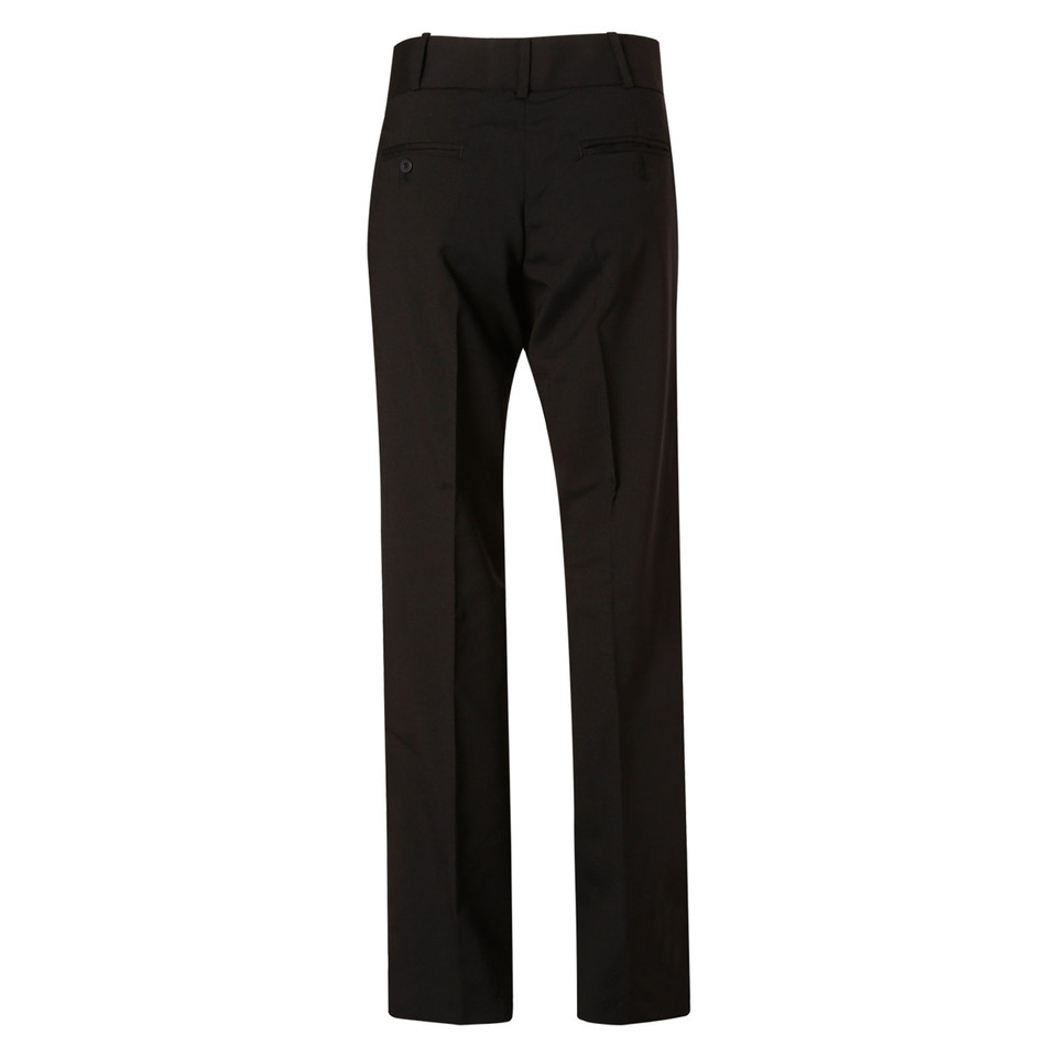 Black wool blend straight leg pants with centre back seam and low rise waistband
