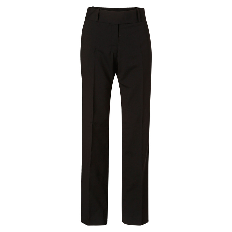 Black wool blend stretch pants with low rise waistband and straight leg fit