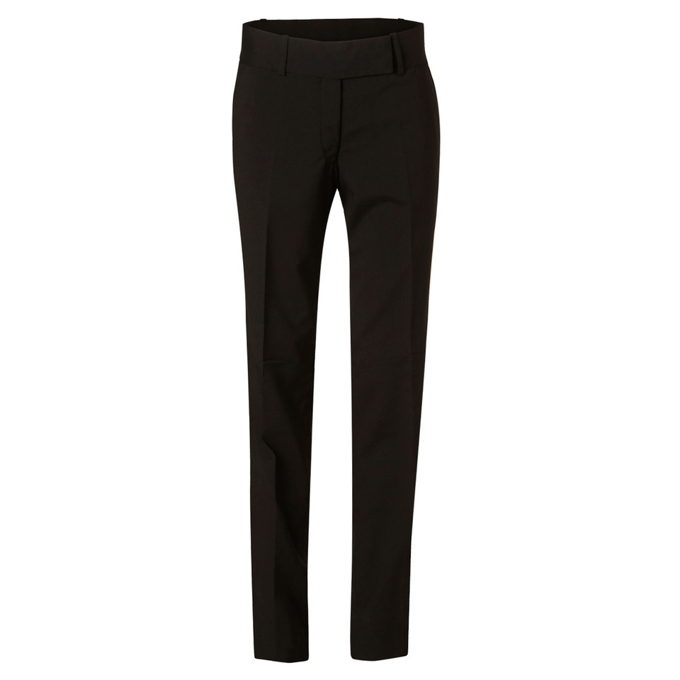 Black wool blend stretch trousers with flat front panels and slim leg silhouette