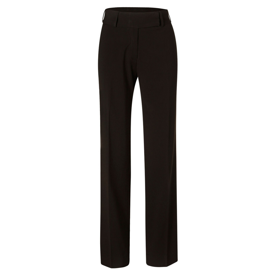 Black women's low rise dress pants with subtle vertical stripe detail and straight leg fit