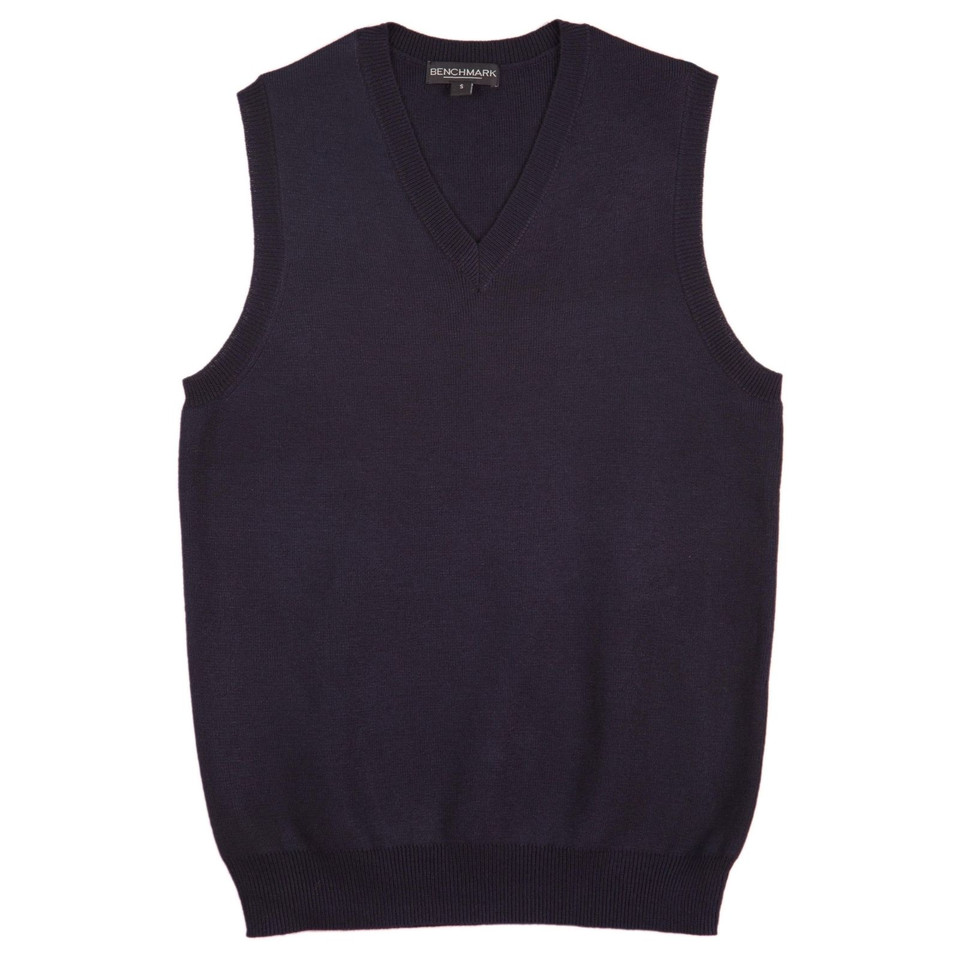 Navy blue ribbed sleeveless vest with V-neck collar and knitted finish