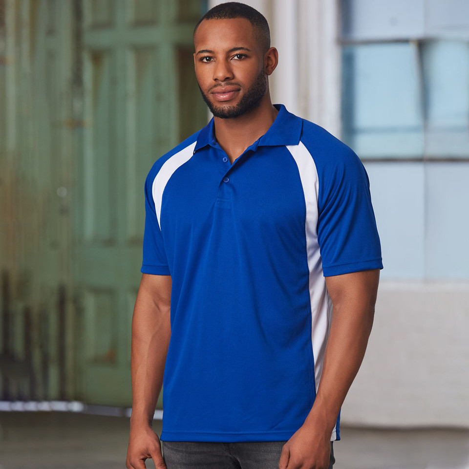 Royal blue polo shirt with white contrast panels on shoulders and sides featuring CoolDry micro-mesh fabric