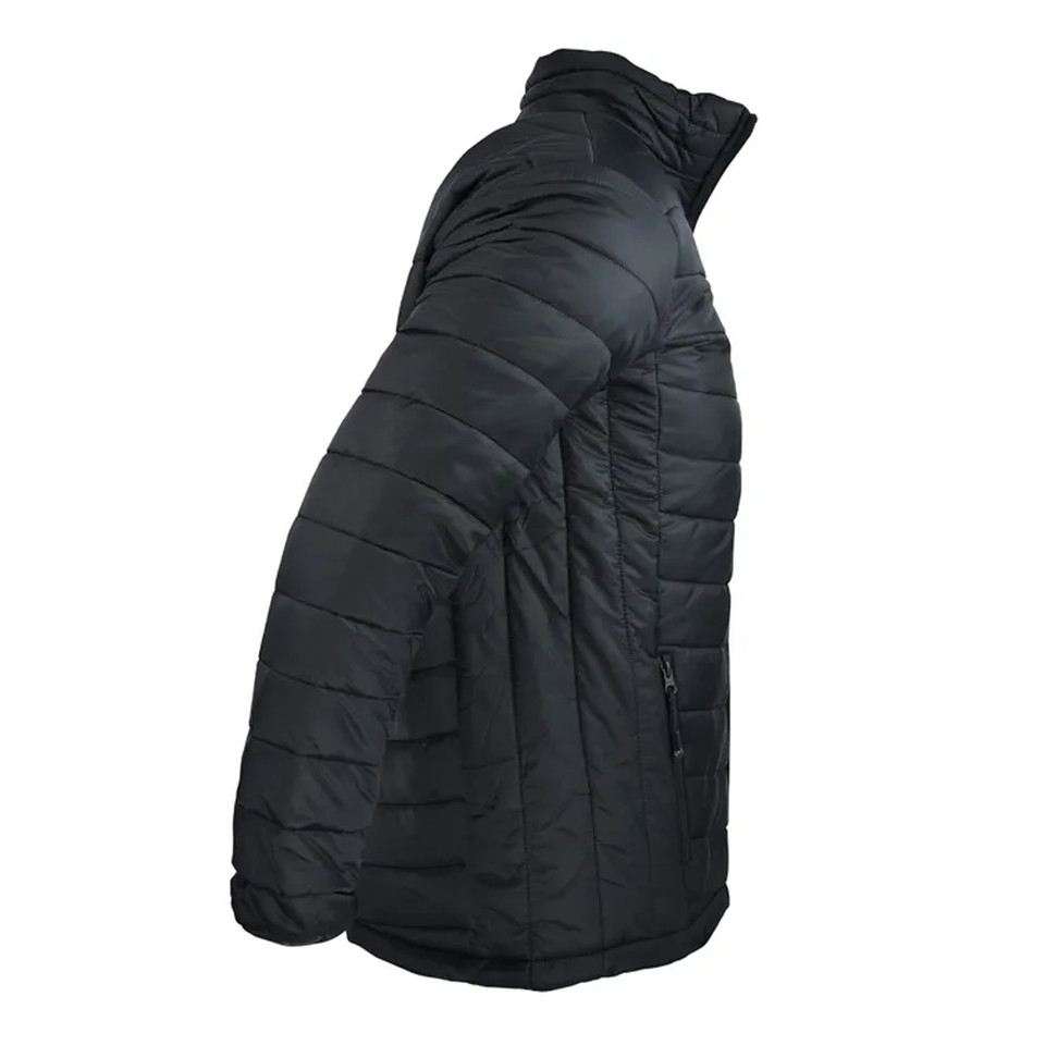 Black Bourke Men's Lightweight Puffer Jacket, a compact, insulated coat ideal for travel, hiking, or as a layering piece in mild winter weather.