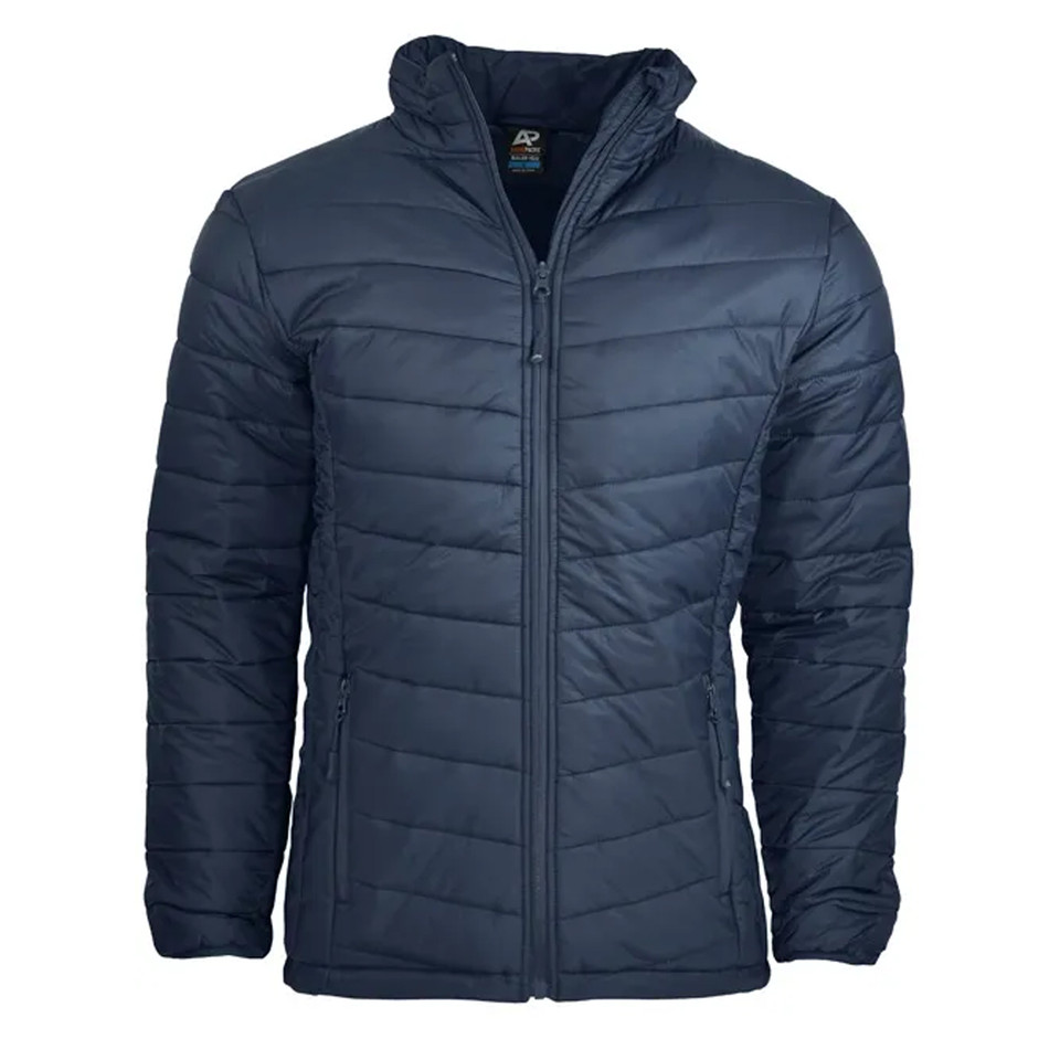 Navy Bourke Men's Lightweight Puffer Jacket, a compact, insulated coat ideal for travel, hiking, or as a layering piece in mild winter weather.