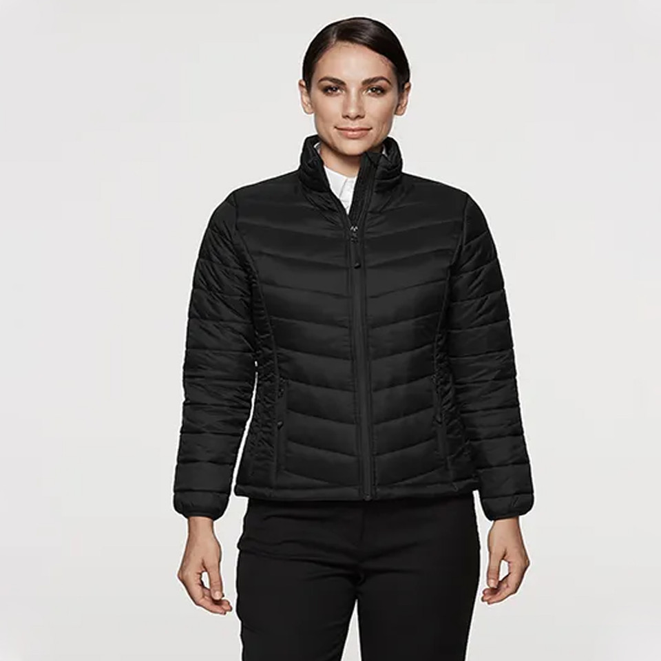 Black lightweight puffer jacket with chevron quilting and full zip front on female model