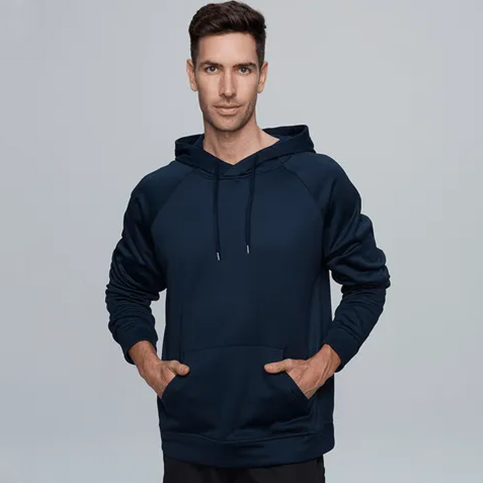 Navy pullover hoodie with kangaroo pocket and drawstring hood in polyester fleece