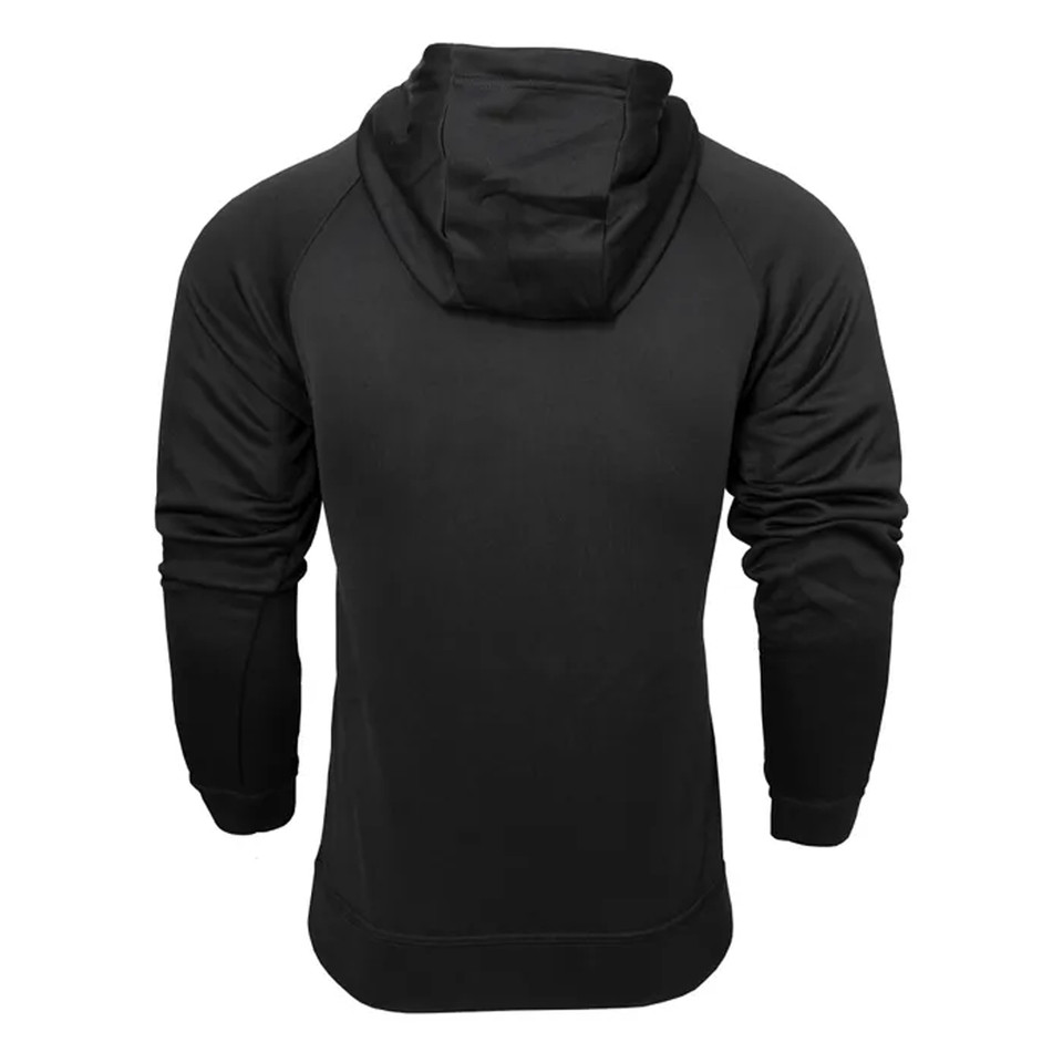 Black polyester fleece hoodie shown from back with hood and long sleeves visible